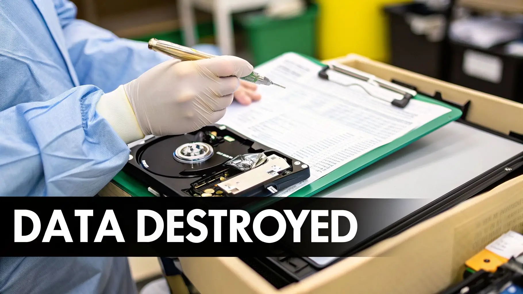 A person in a lab coat and gloves destroys a hard drive, with 'DATA DESTROYED' text visible.