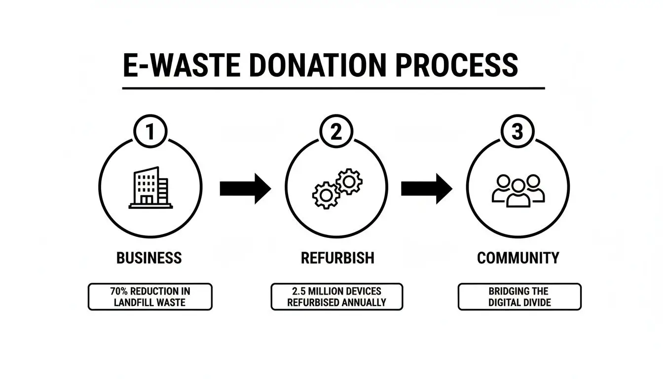 An infographic detailing the E-waste donation process from businesses to refurbishment to community.