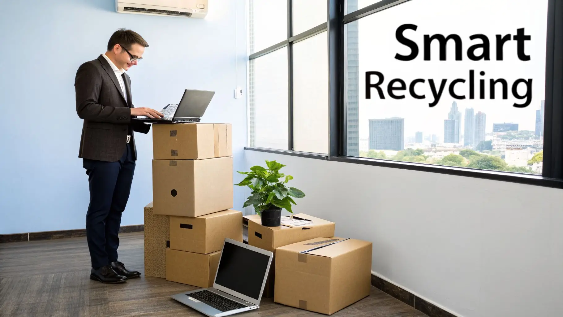 A man works on a laptop stacked on moving boxes in an office with "Smart Recycling" on the window.