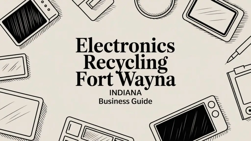 Illustration of various electronic devices like tablets, phones, and laptops surrounding the text "Electronics Recycling Fort Wayne Indiana Business Guide" on a light background.