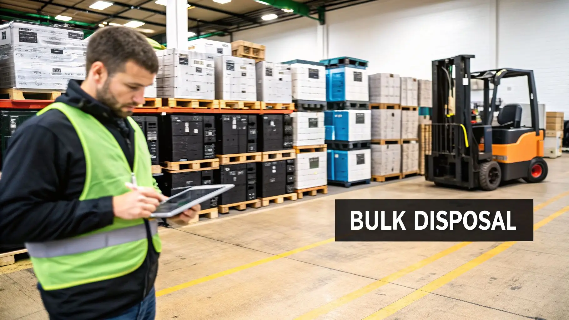 Man in safety vest using a tablet in a warehouse with stacked boxes and a forklift.