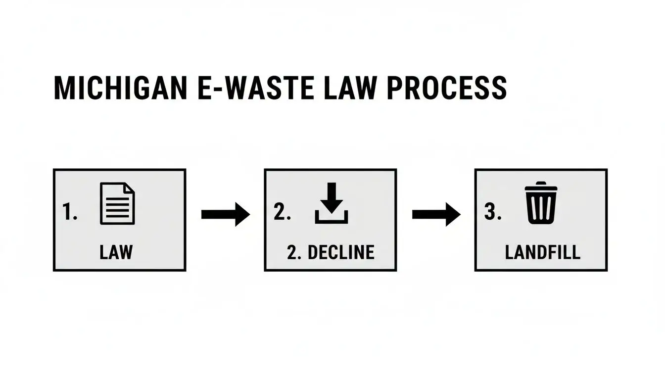 Diagram illustrating the Michigan e-waste law process, from law to decline to landfill.