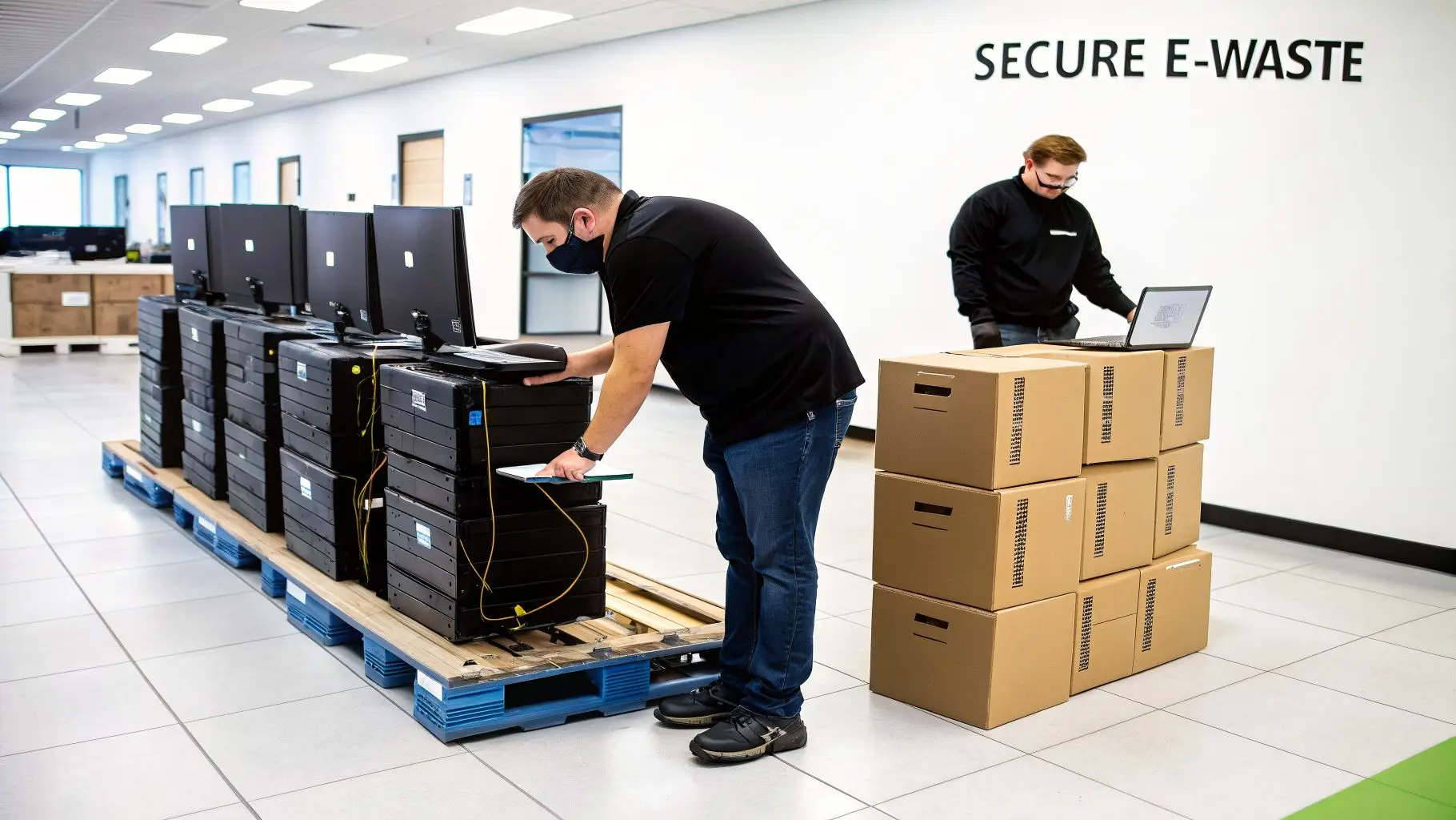 Two men in a modern facility process stacks of electronics for secure e-waste recycling.