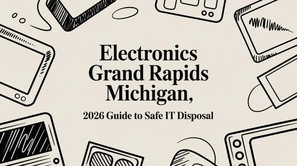 Text reads &ldquo;Electronics Grand Rapids Michigan, 2026 Guide to Safe IT Disposal&rdquo; with black line drawings of electronics like phones and computers surrounding the text on a beige background.