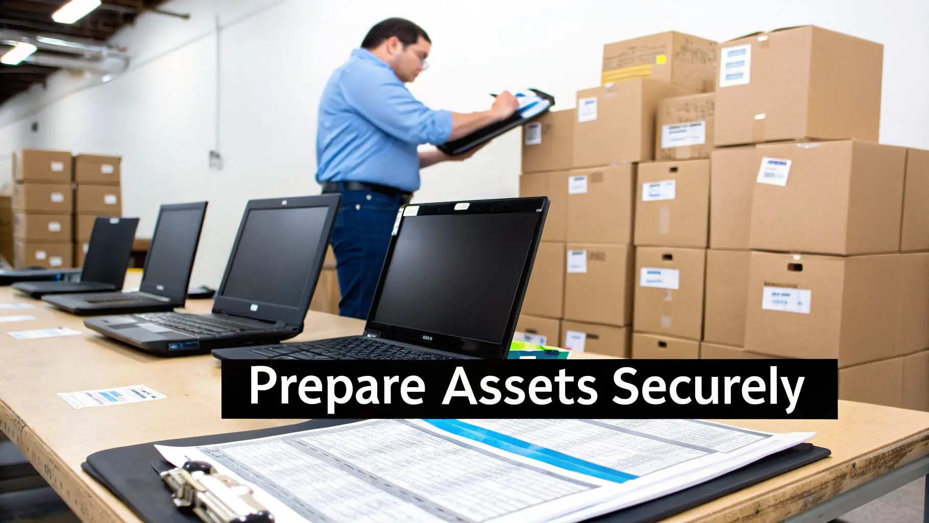 A man inventories electronics and stacked boxes, with several laptops on a table, preparing assets.