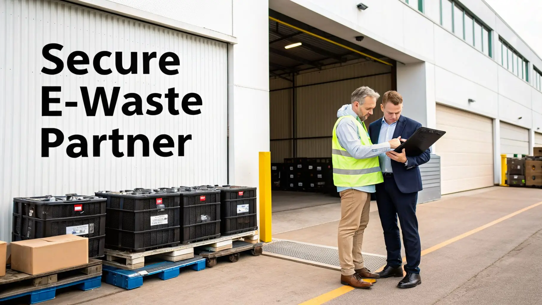 Two men discuss e-waste logistics outside a warehouse with 'Secure E-Waste Partner' on the wall.