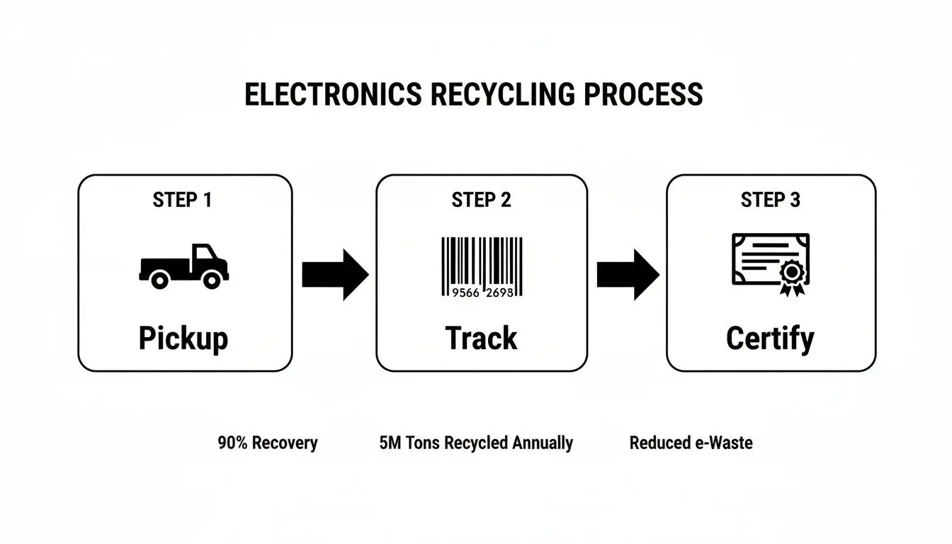 A diagram outlining a 3-step electronics recycling process: pickup, track, and certify, with benefits.