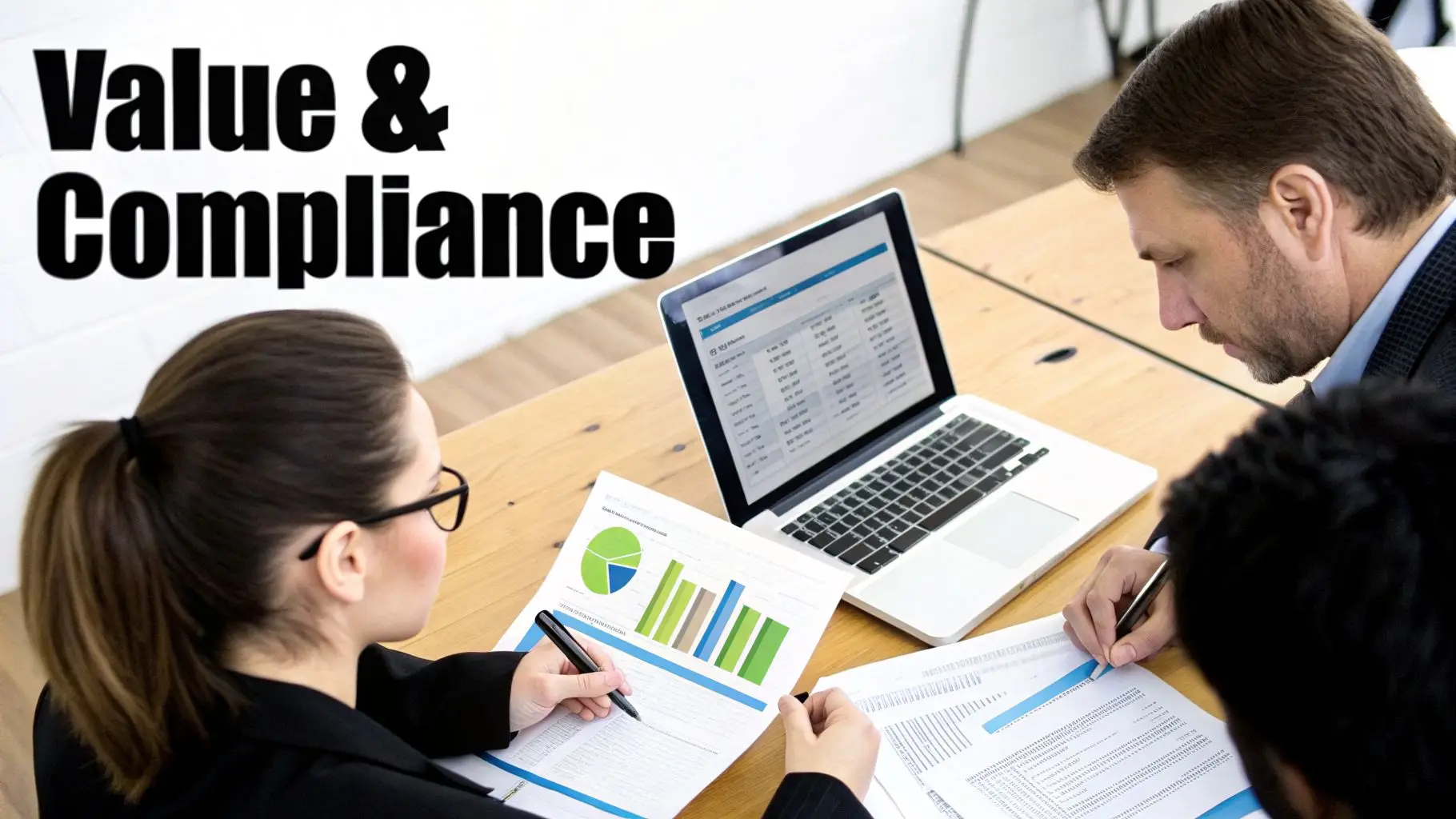 Professionals reviewing financial documents and data on a laptop, focusing on value and compliance.