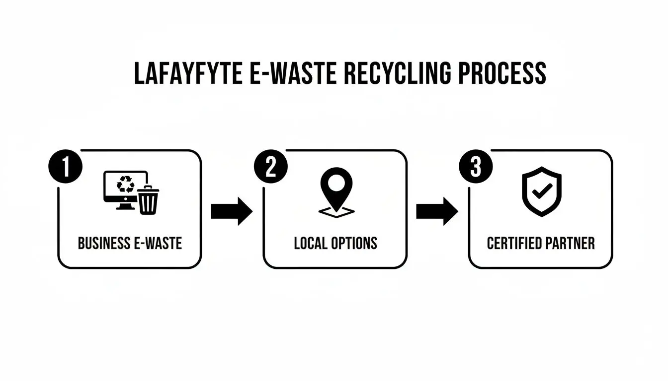 Diagram illustrating Lafayette's 3-step e-waste recycling process: business e-waste, local options, and certified partner.