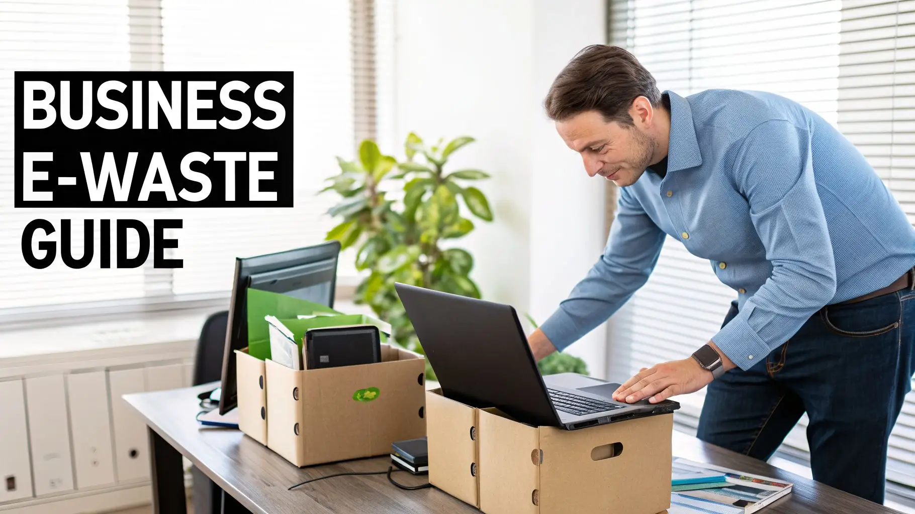 A man organizing electronics for business e-waste recycling in an office setting.