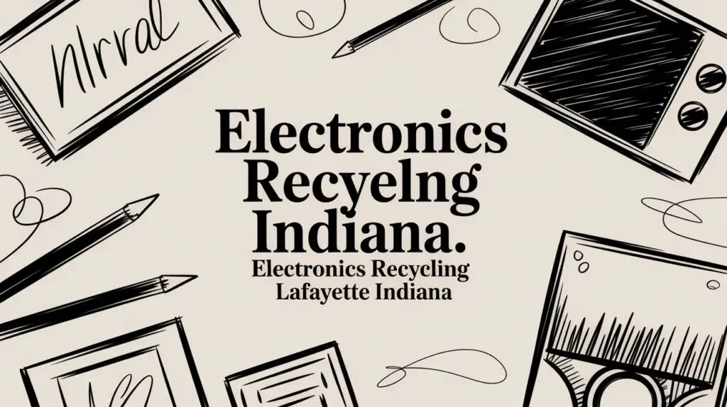 Hand-drawn electronics and stationery surround bold text that reads: "Electronics RecyeIng Indiana. Electronics Recycling Lafayette Indiana.