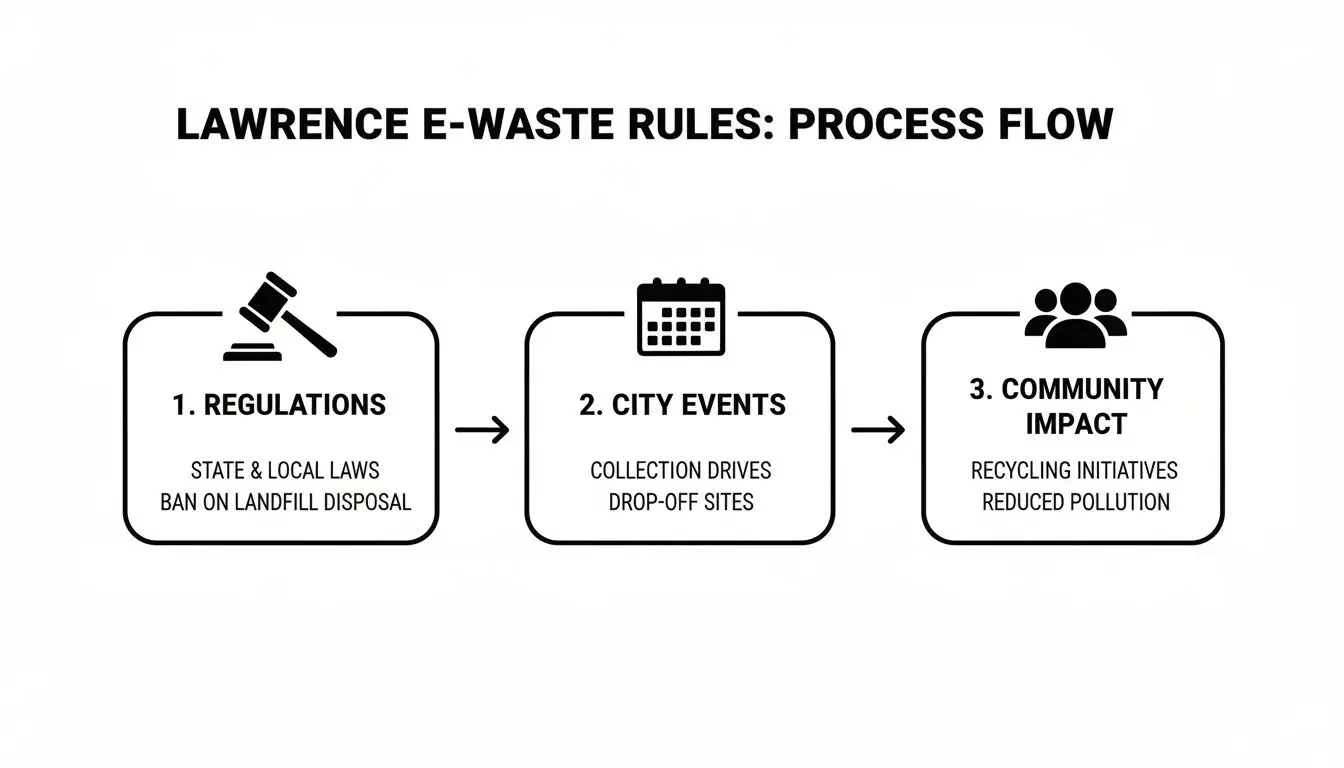 A process flow diagram outlining Lawrence E-waste rules: Regulations, City Events, and Community Impact.