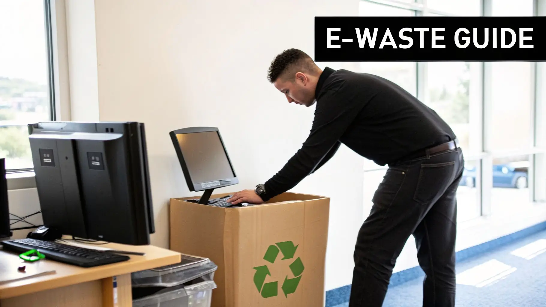 A man places a computer monitor and keyboard into a cardboard box with a recycling symbol, participating in e-waste recycling.