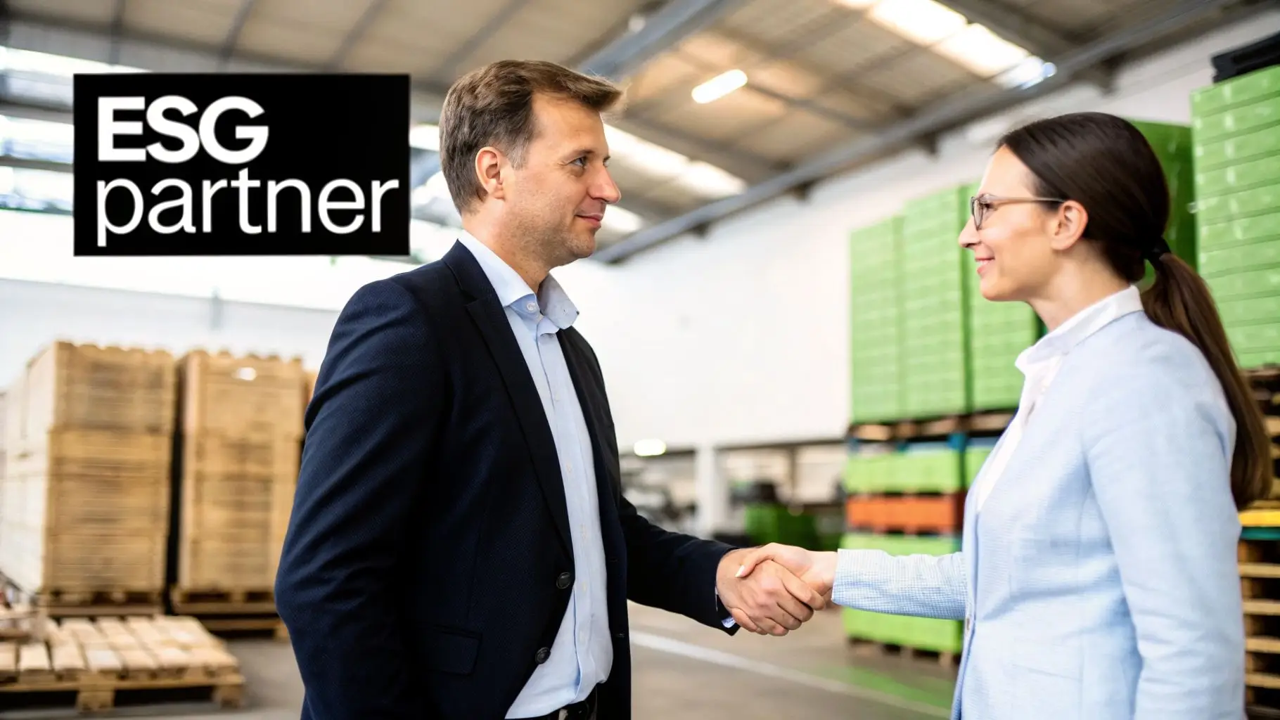 Two business professionals shake hands in a warehouse, with an 'ESG partner' logo visible.
