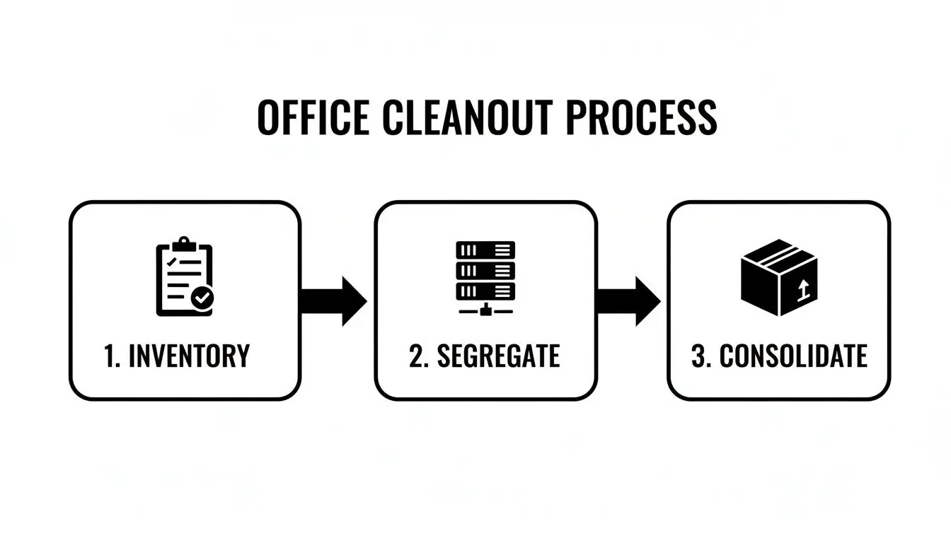 A three-step office cleanout process diagram showing inventory, segregation, and consolidation.