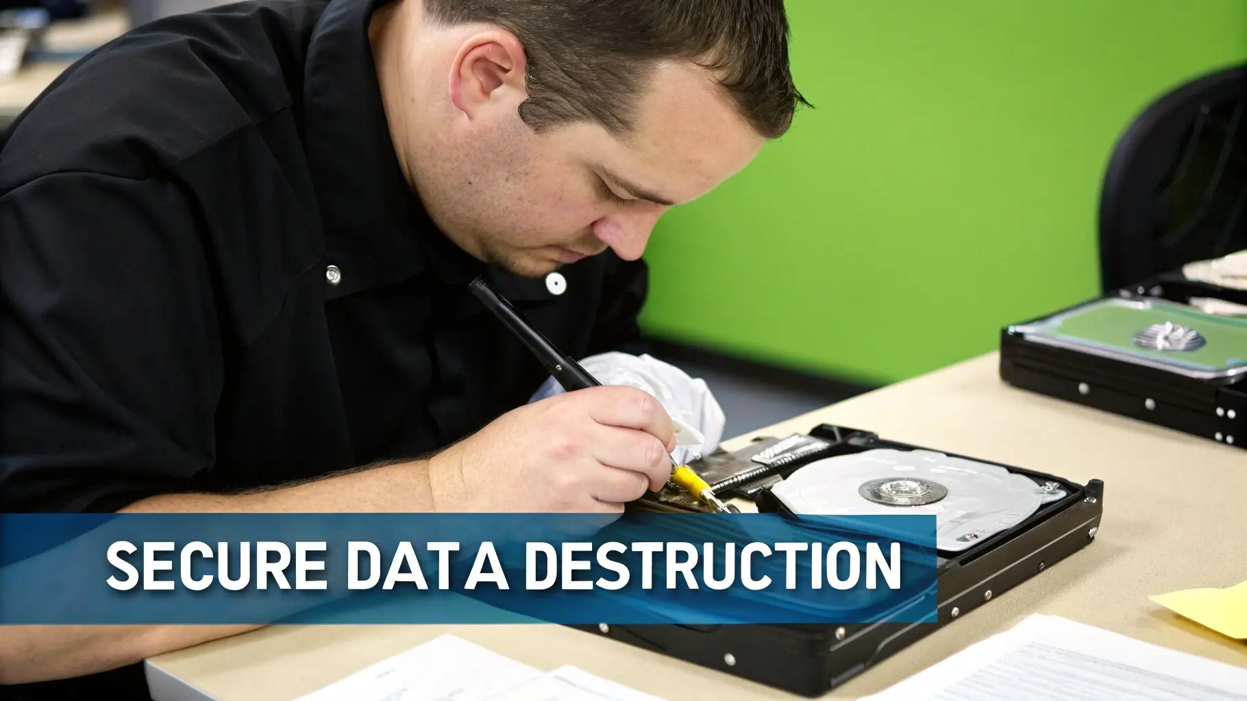 A man in black shirt and white gloves disassembling a computer hard drive for secure data destruction.