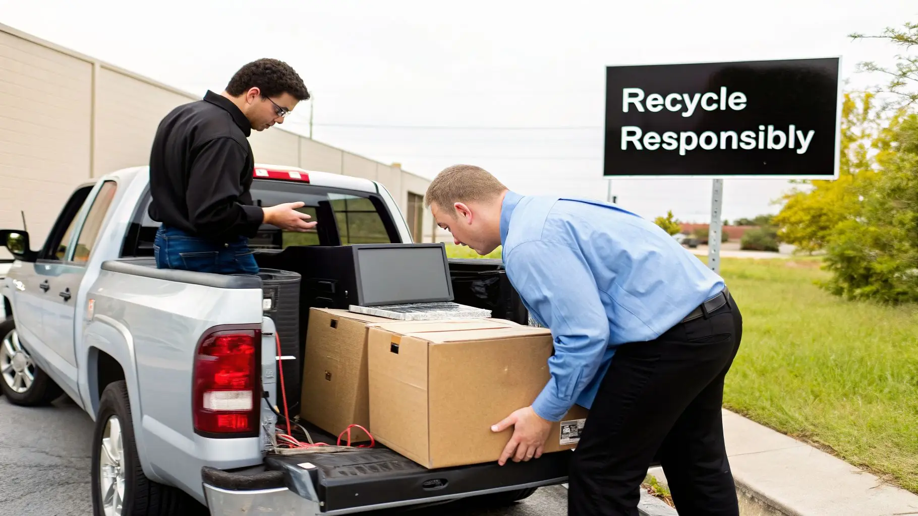 Two men loading boxes and computer equipment into a pickup truck for electronics recycling.