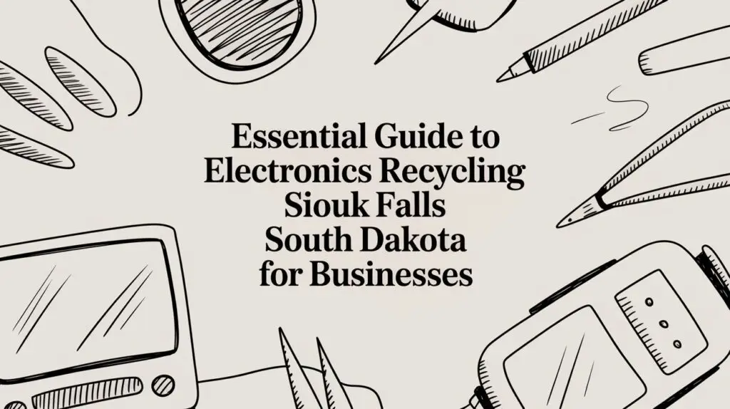Illustrated background with electronic devices surrounds the text &ldquo;Essential Guide to Electronics Recycling Sioux Falls South Dakota for Businesses.&rdquo;.
