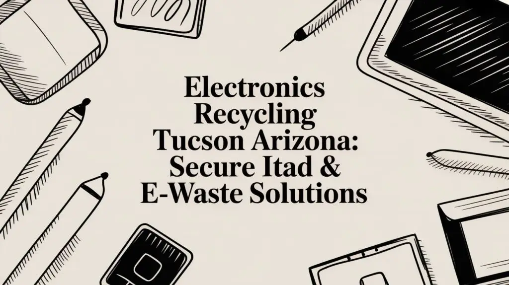 Illustrated border of various electronic devices surrounds text: "Electronics Recycling Tucson Arizona: Secure Itad & E-Waste Solutions" on a beige background.