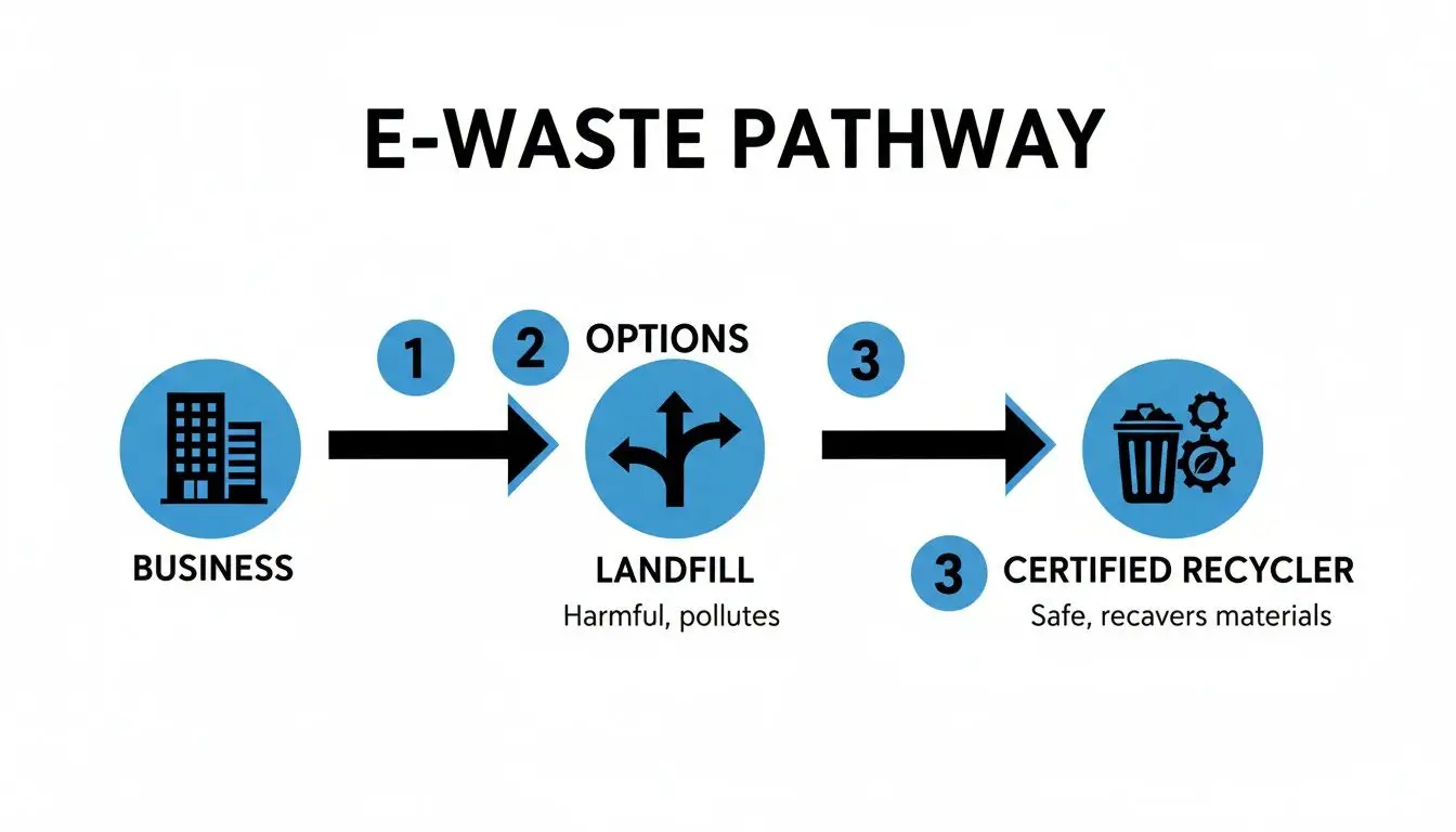 Flowchart illustrating e-waste pathway options for businesses: landfill (harmful) or certified recycler (safe).