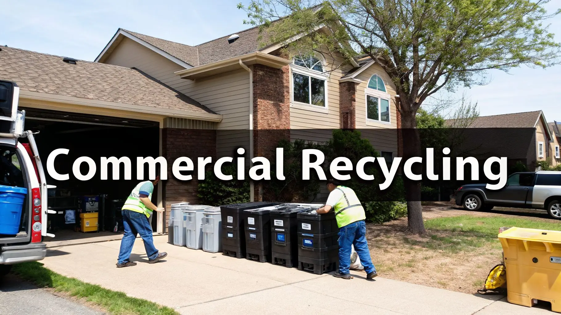 Two workers collect commercial recycling bins from a residential driveway, with a van nearby.