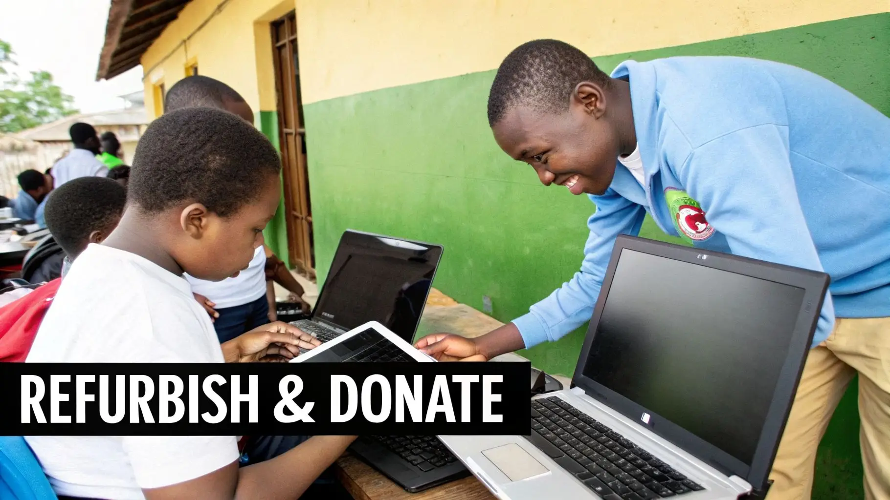 Children in a classroom learning with refurbished laptops, supported by a 'Refurbish & Donate' program.