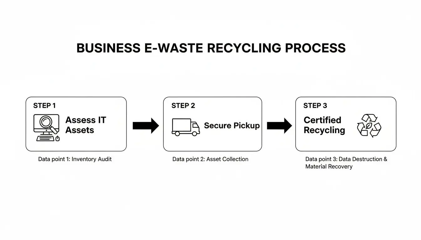 Diagram illustrating the three steps of a business e-waste recycling process: assessment, secure pickup, and certified recycling.