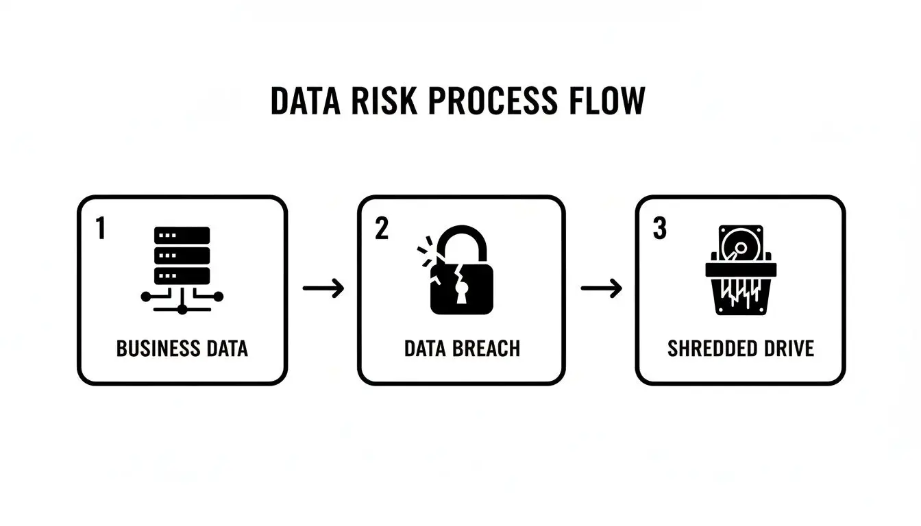 Flowchart showing data risk process: business data, data breach, and shredded drive.