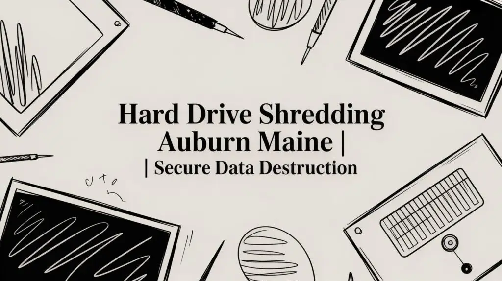 Illustration of tablets and pens surrounding the text "Hard Drive Shredding Auburn Maine | Secure Data Destruction" on a light background.