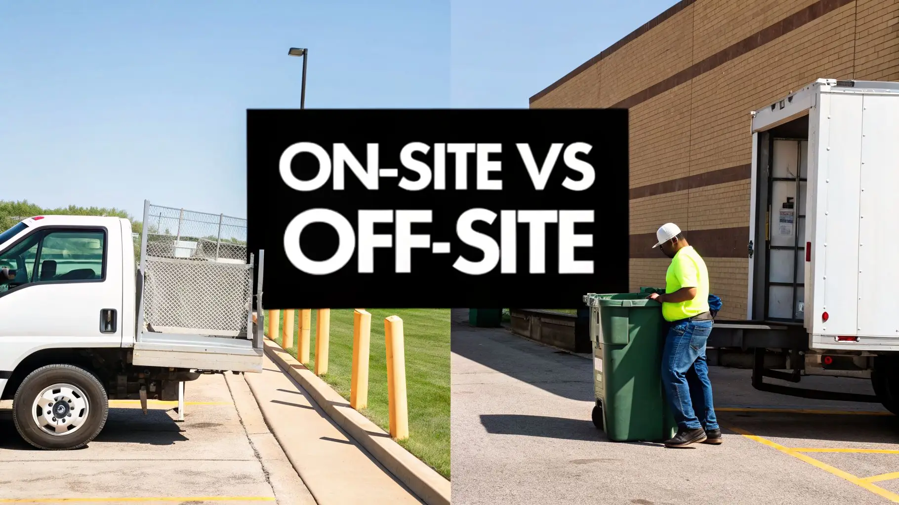 Split image illustrating on-site service with a truck and off-site service with a worker loading a bin.