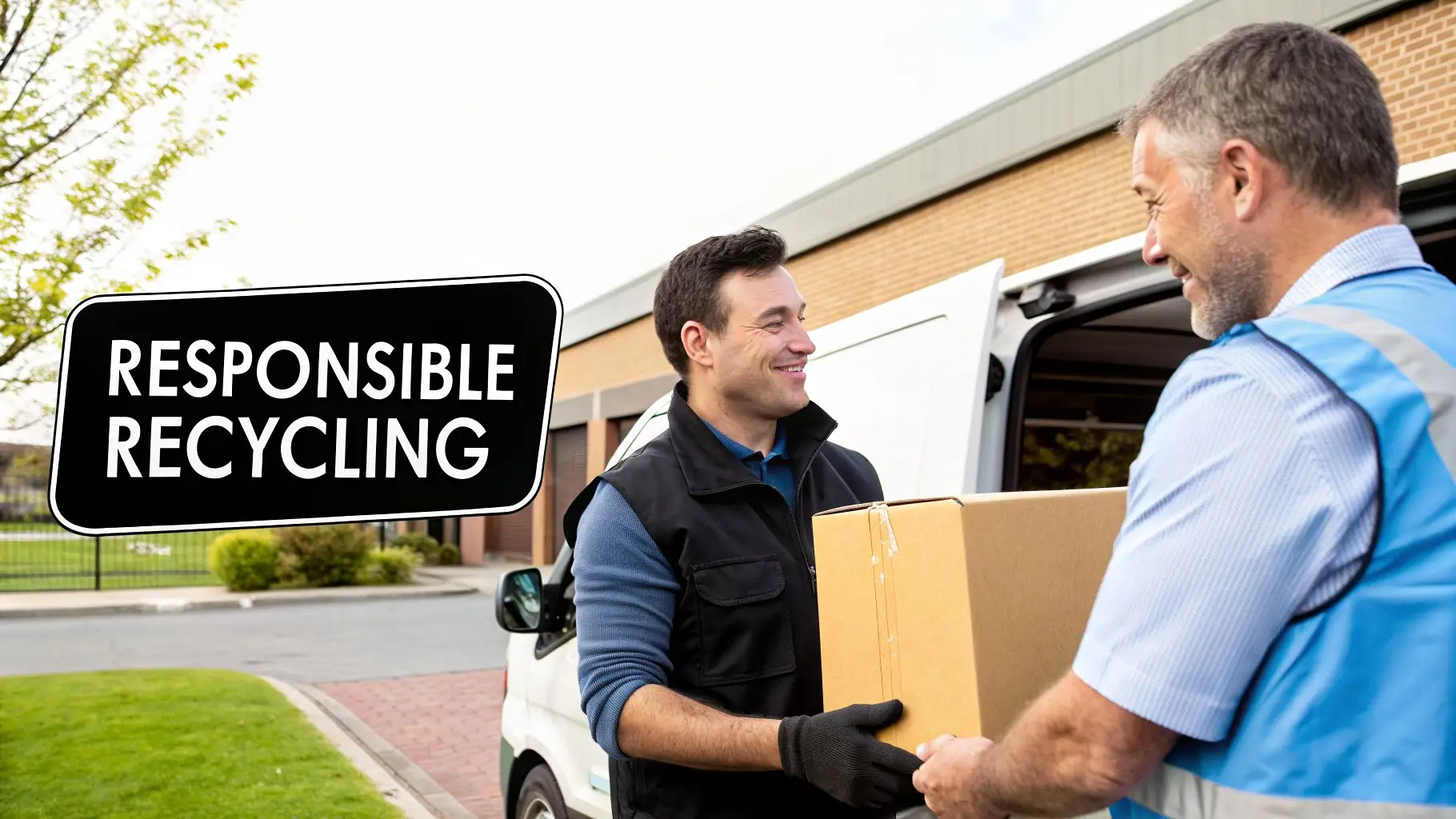 Two smiling men, one handing a cardboard box to another, next to a van with a 'RESPONSIBLE RECYCLING' sign.