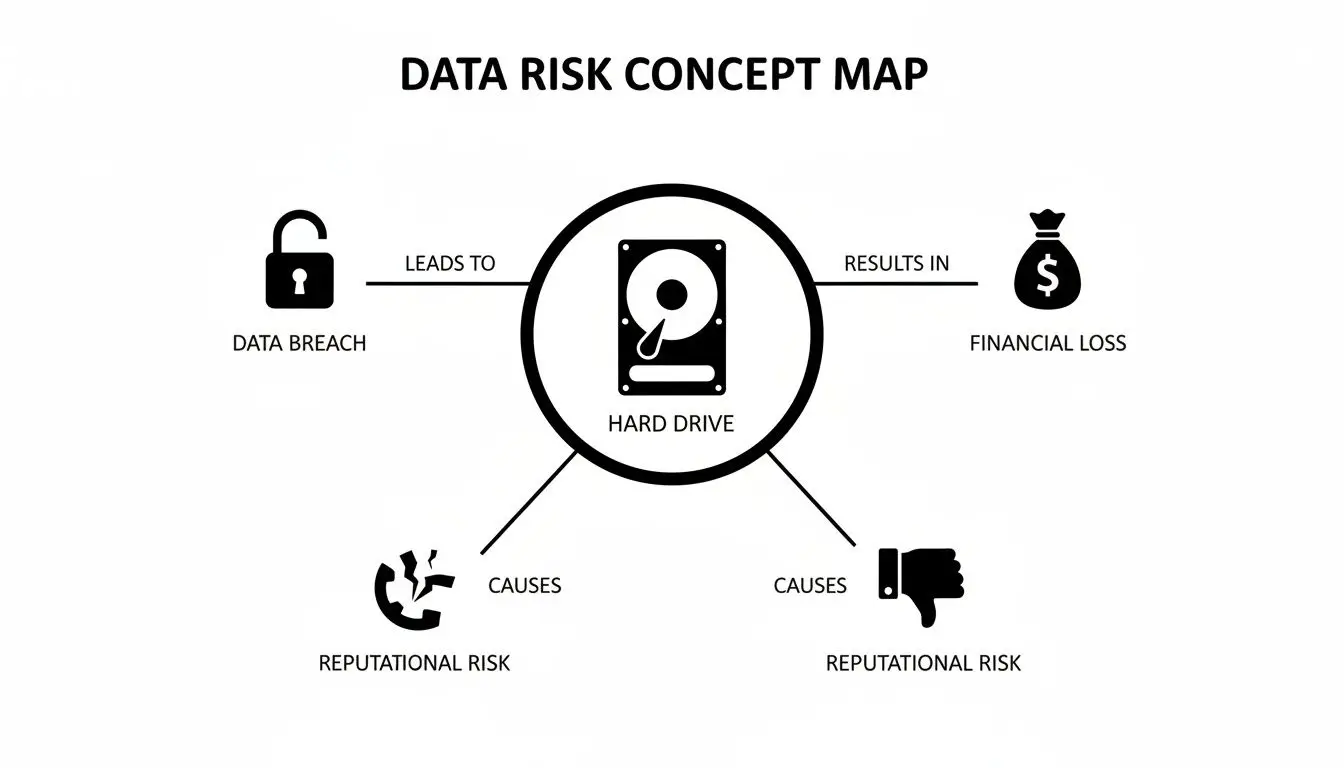 A concept map illustrating data risks associated with a hard drive, showing data breach, financial loss, and reputational risk.