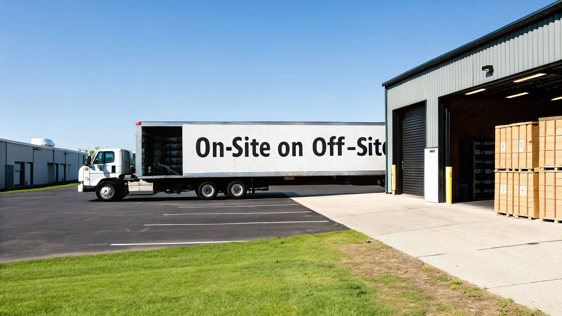 A large white semi-truck and trailer advertising 'On-Site on Off-Site' parked at a warehouse loading dock.