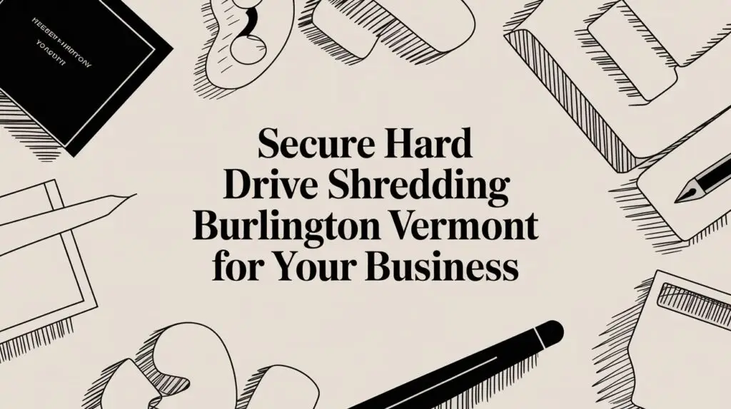 Text reads “Secure Hard Drive Shredding Burlington Vermont for Your Business” in the center, surrounded by black-and-white sketches of office supplies like pens, paper, and envelopes on a beige background.