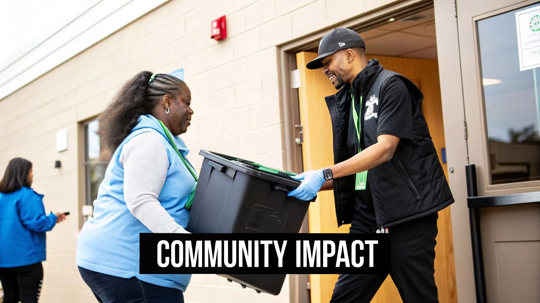 A smiling man in blue gloves hands a black bin to a woman outside a building, showing teamwork.