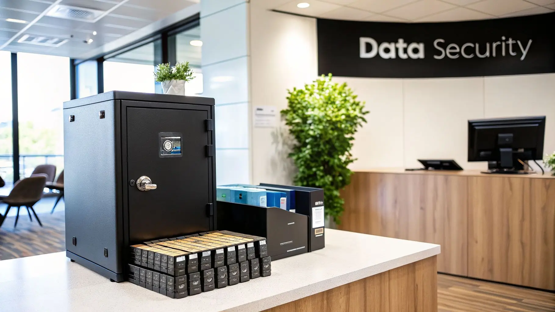 Black safe and data storage tapes on a counter, with a "Data Security" sign in an office.