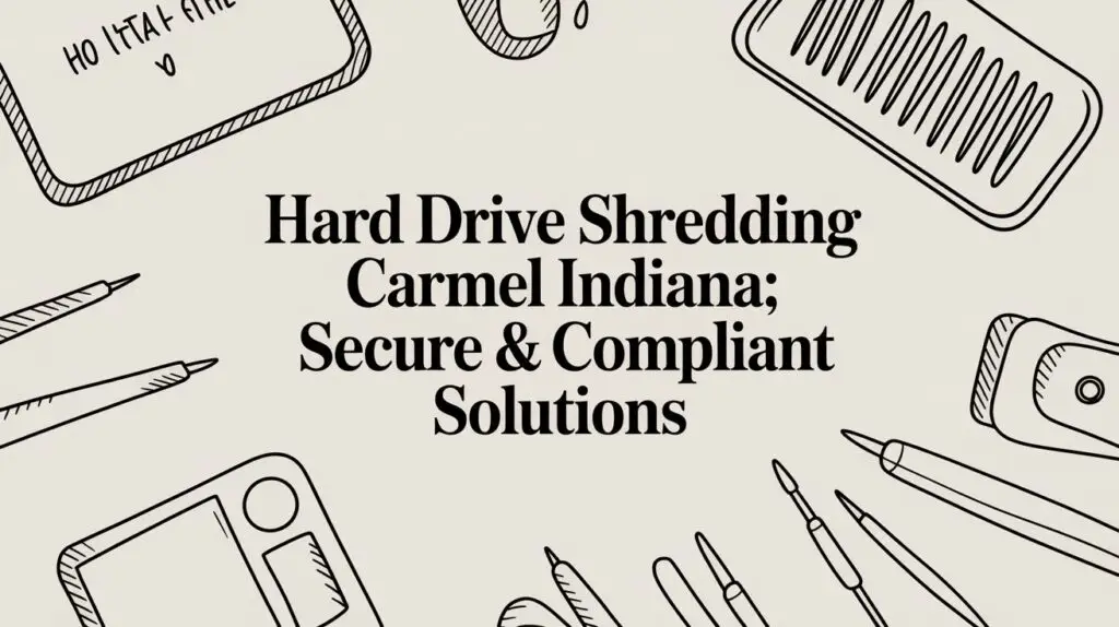 Text reads "Hard Drive Shredding Carmel Indiana; Secure & Compliant Solutions" in bold font, surrounded by black line illustrations of office supplies such as pens, scissors, and notepads on a light background.