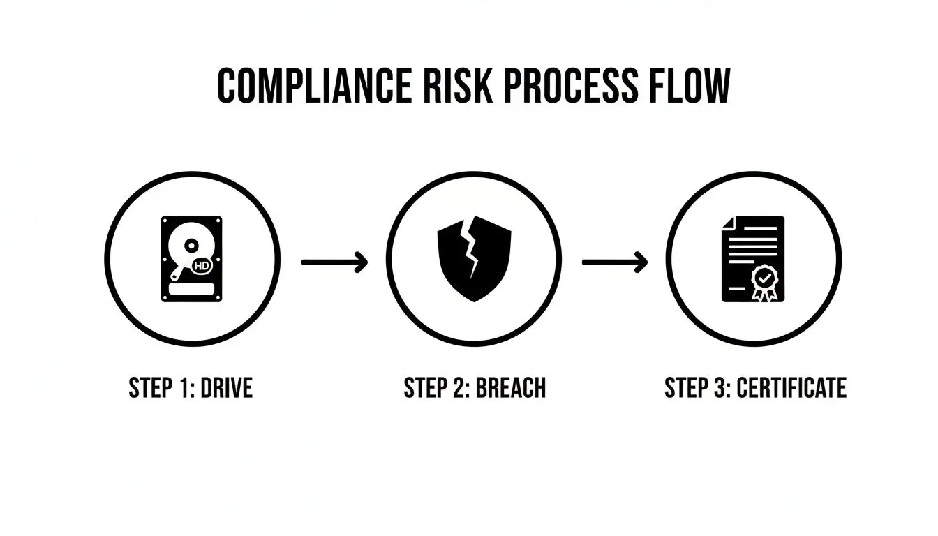 Compliance risk process flow illustrating steps from hard drive to data breach and certification.