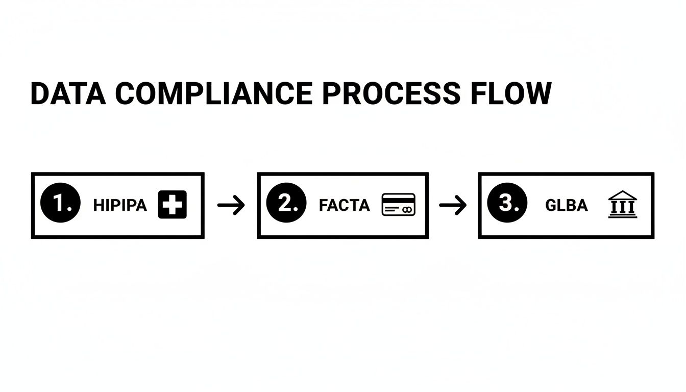 A data compliance process flow illustrating steps for HIPAA, FACTA, and GLBA regulations.