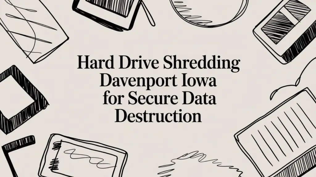 Text reads "Hard Drive Shredding Davenport Iowa for Secure Data Destruction" centered on a beige background with black hand-drawn sketches of electronics like hard drives, tablets, and floppy disks around the edges.