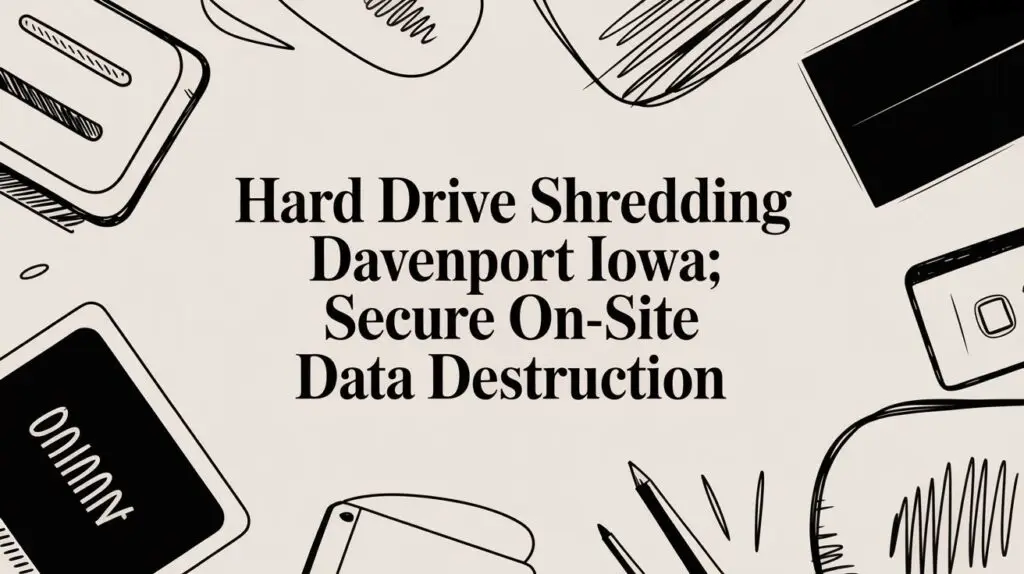 Black text on a beige background reads &ldquo;Hard Drive Shredding Davenport Iowa; Secure On-Site Data Destruction,&rdquo; surrounded by black line art illustrations of hard drives, a USB drive, and a pen.
