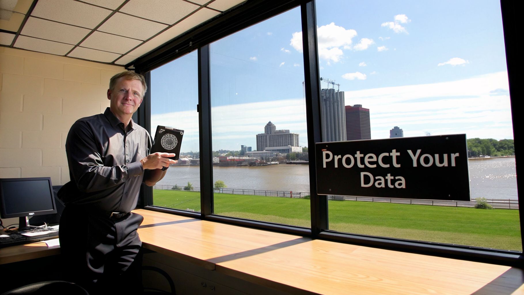 A man holds a data security device inside an office, overlooking a city skyline and river, with a 'Protect Your Data' sign outside.