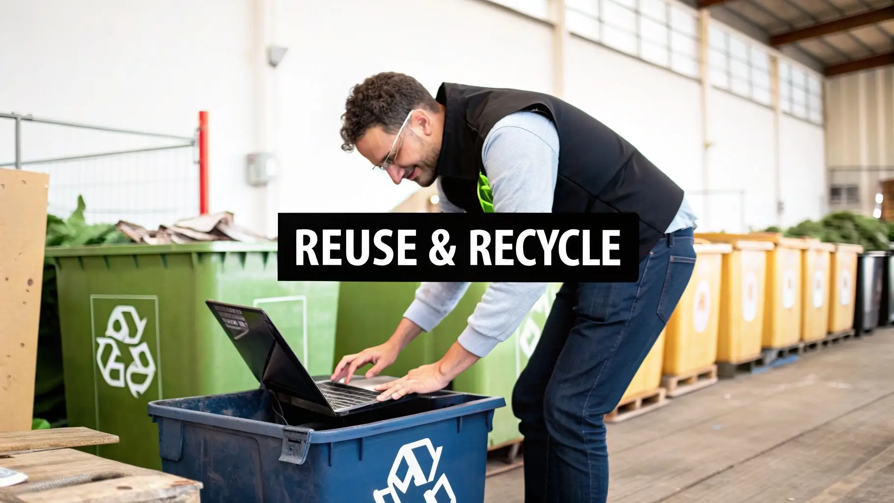 A man places a laptop into a blue recycling bin, surrounded by various recycling containers.