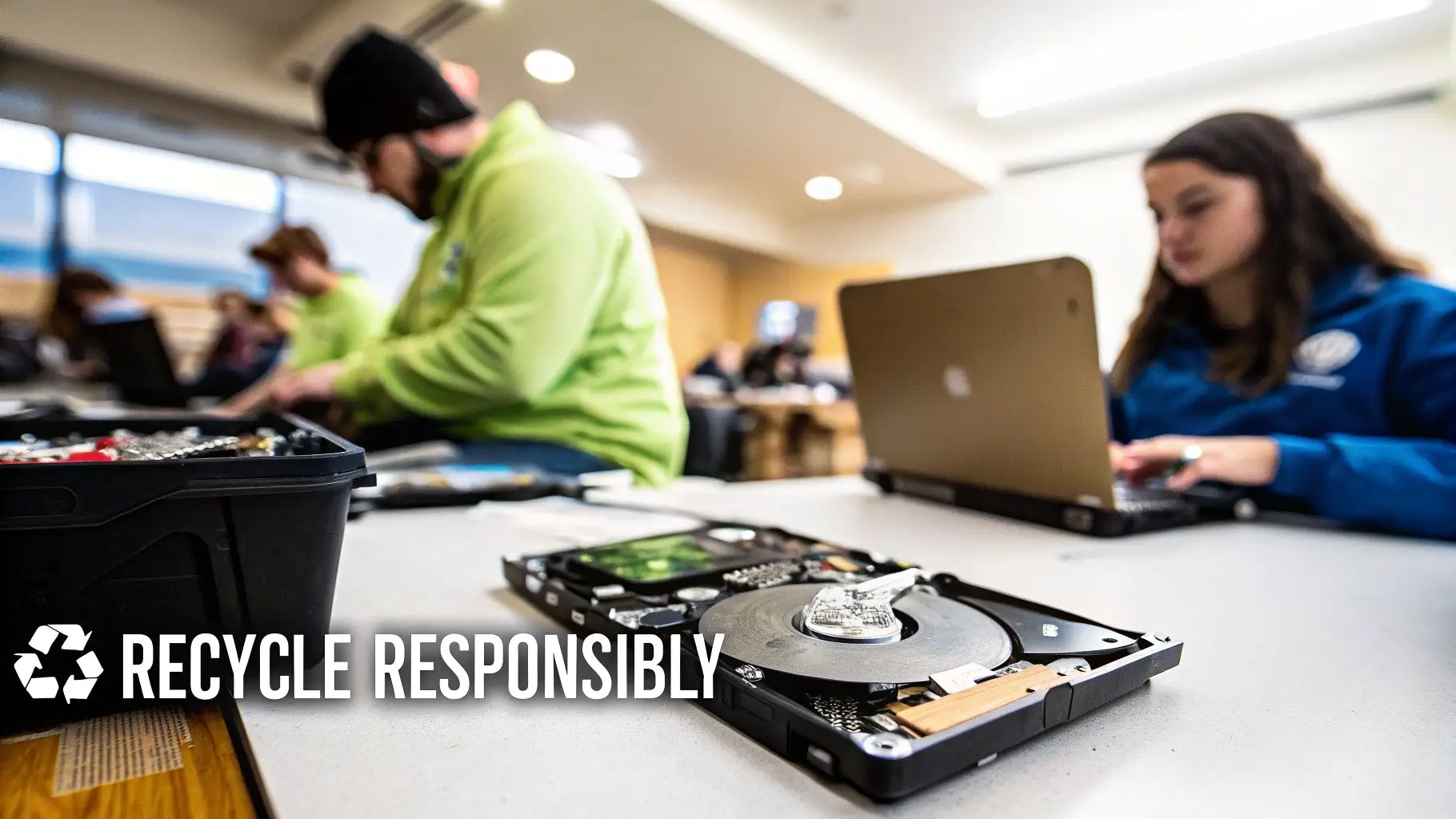 Students responsibly recycling electronic waste, focusing on a disassembled hard drive on a table.