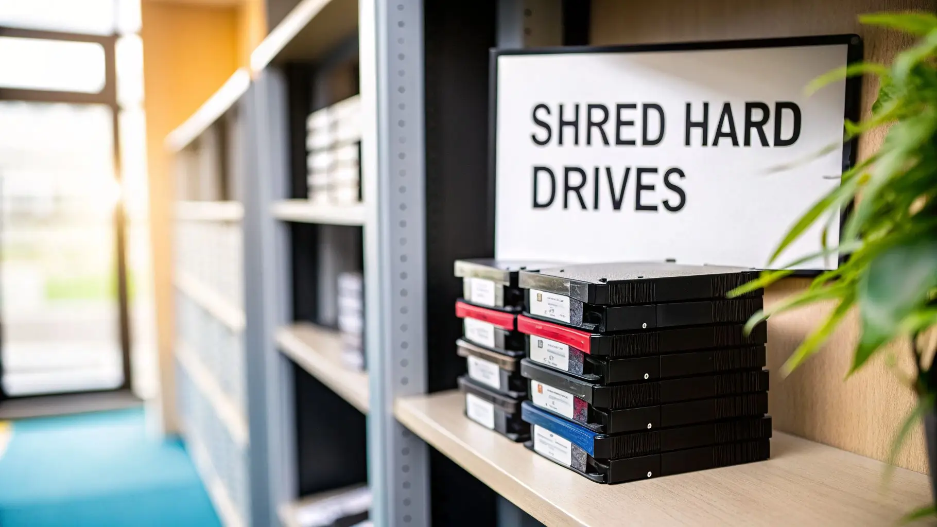 A sign reads 'SHRED HARD DRIVES' above a stack of data storage devices on a shelf, emphasizing data security.