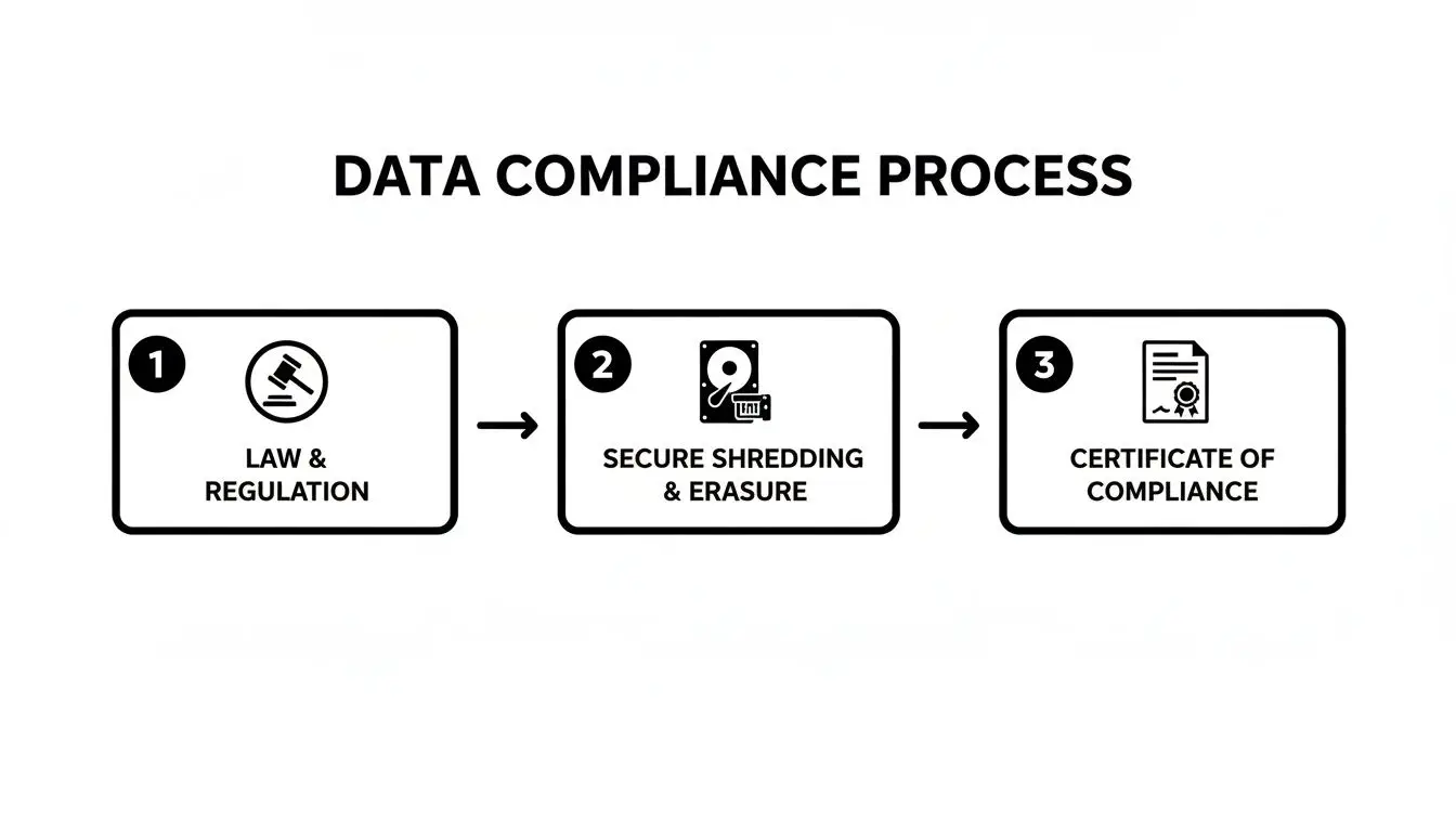 A three-step data compliance process diagram: law, secure shredding and erasure, followed by a certificate.
