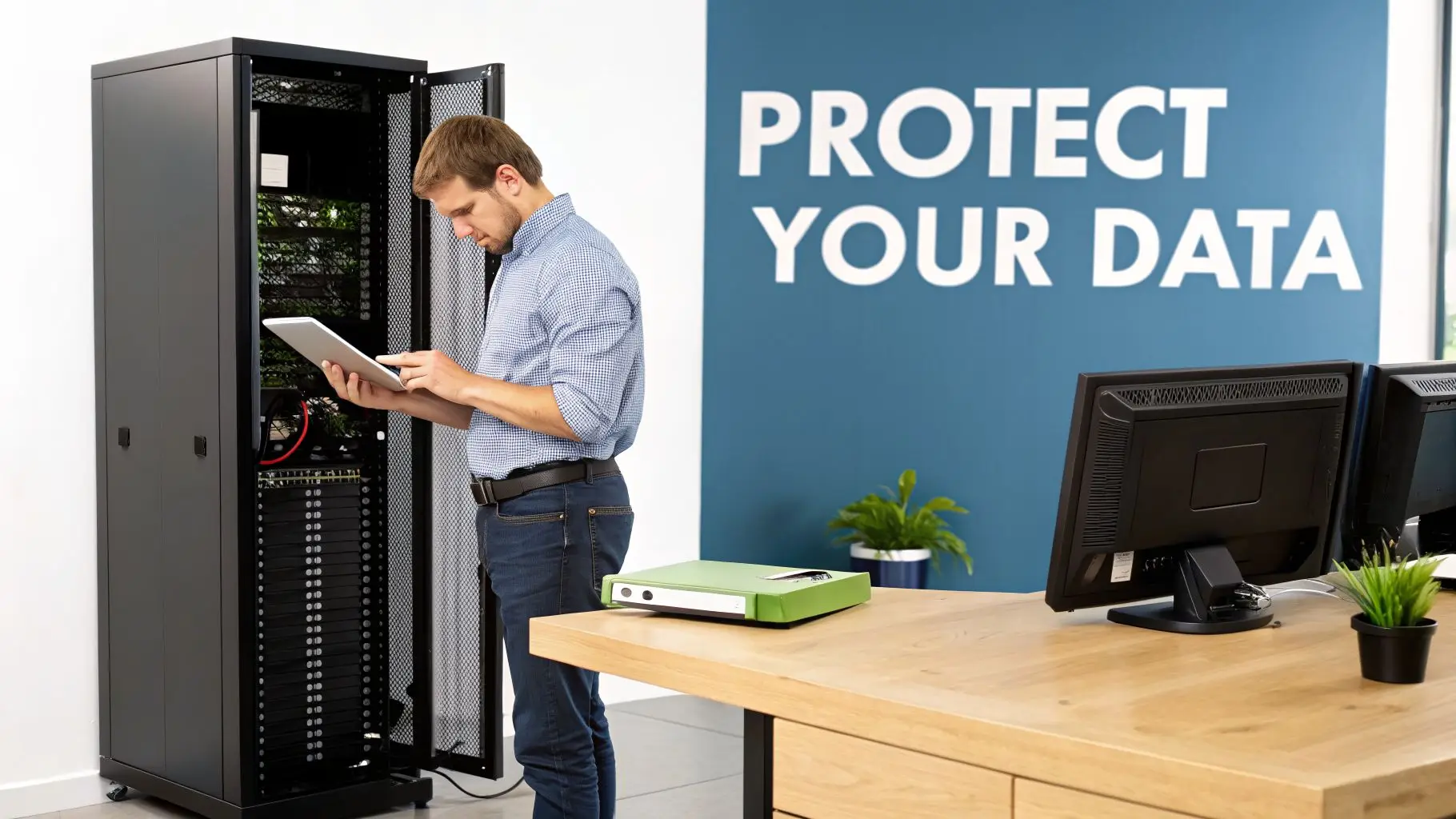Man with tablet managing server rack in IT room with "PROTECT YOUR DATA" sign.