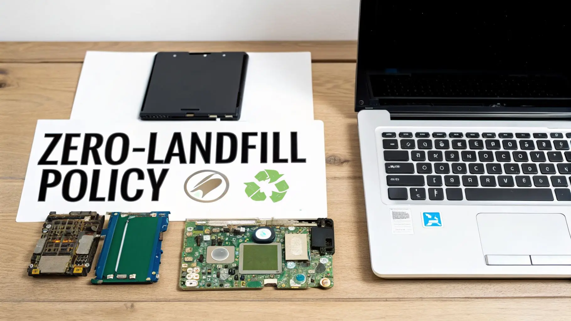 Electronic waste components, a laptop, and a 'ZERO-LANDFILL POLICY' sign on a wooden desk.