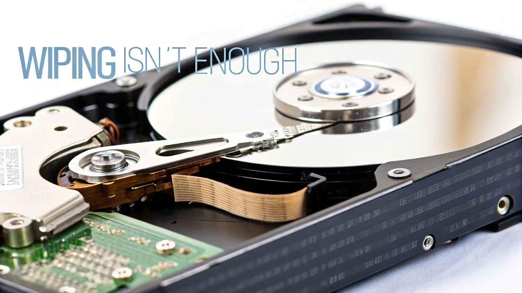 Opened hard drive showing internal platters and read/write head, with text 'WIPING ISN'T ENOUGH'.