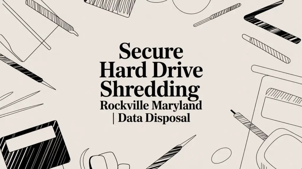 Text reads "Secure Hard Drive Shredding Rockville Maryland | Data Disposal" on a beige background with black line drawings of office supplies and devices.